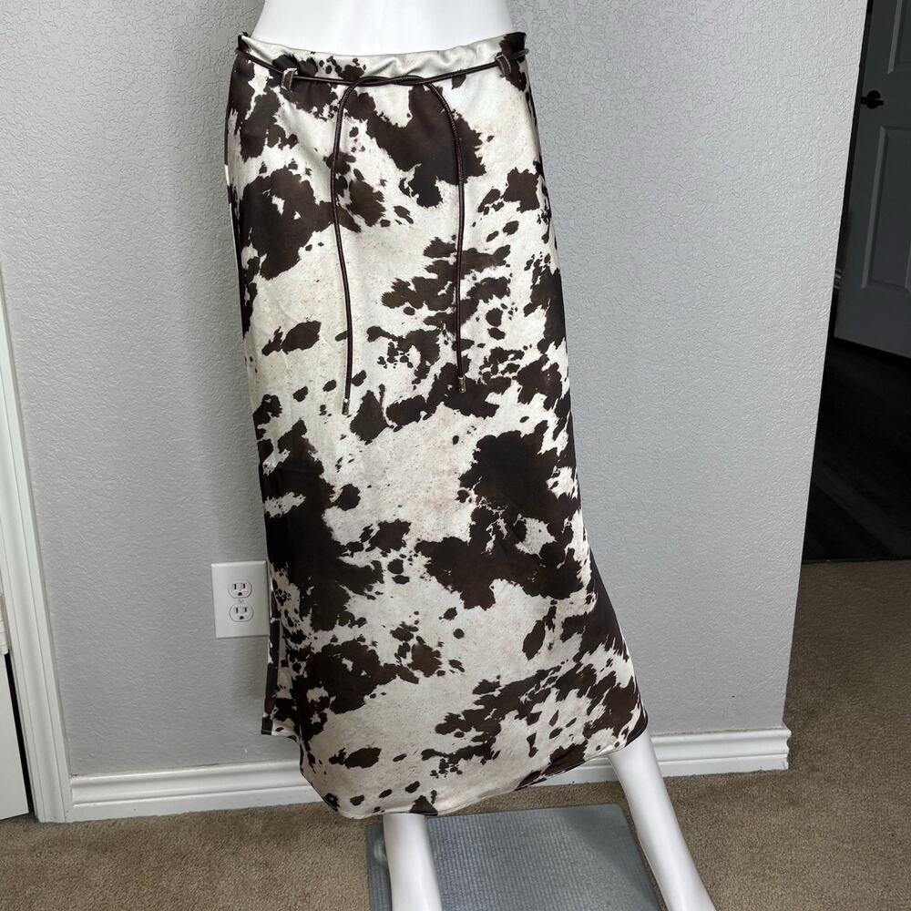 RACHEL ZOE Satin Maxi Skirt Brown Ivory Cow Print Rodeo Concert Cowgirl Size 4